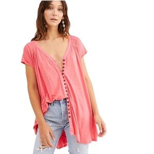 Free People Highland Tee Linen Blend OVERSIZED Slouchy Knit V Neck Cap Sleeve XS